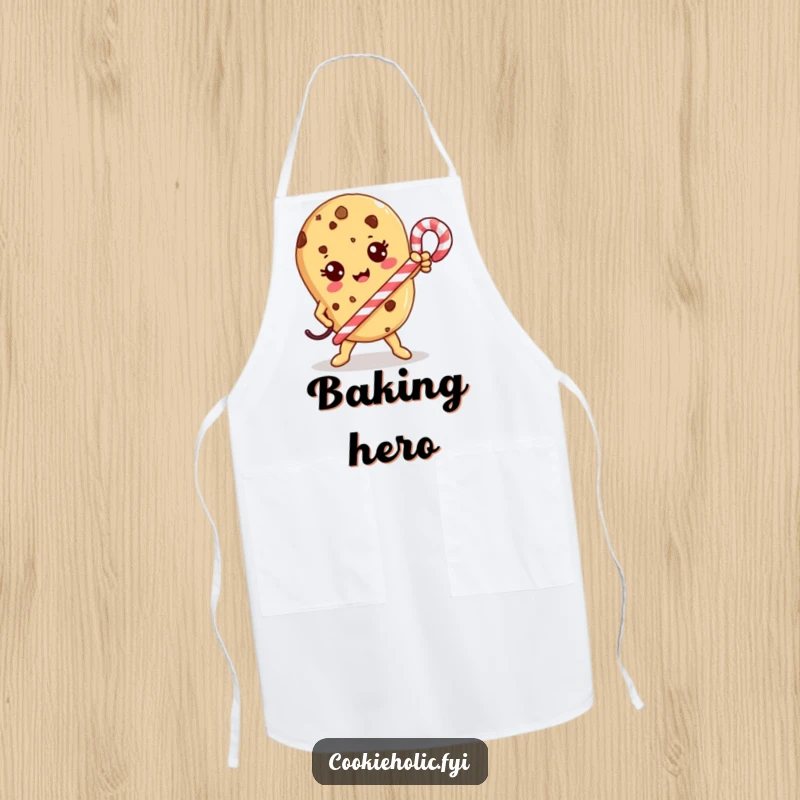 Funny Apron: A Kawaii cookie character strikes a heroic pose with a candy cane, ready for kitchen battles.