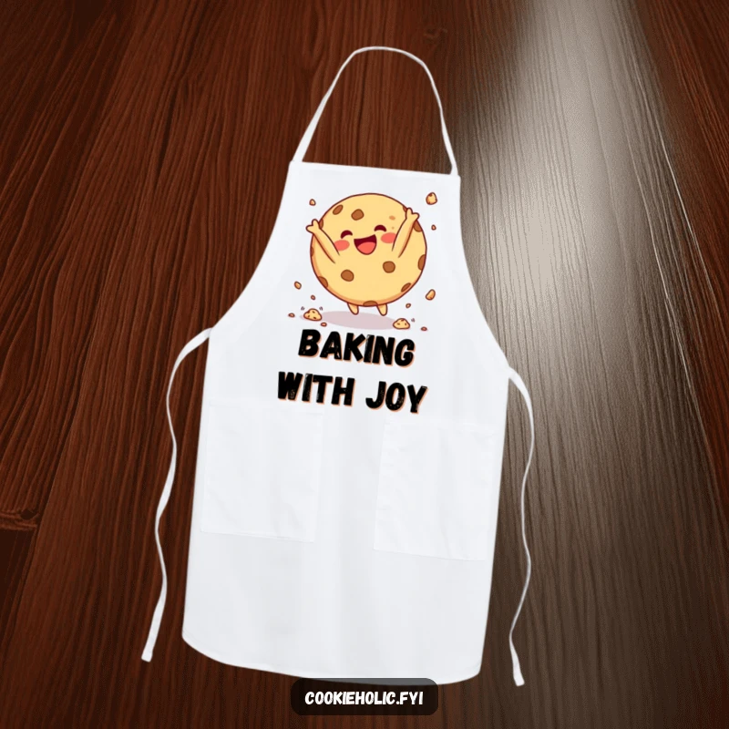 Funny Apron depicting a round cookie character doing a happy somersault with crumbs flying, ideal for kitchen fun and baking.