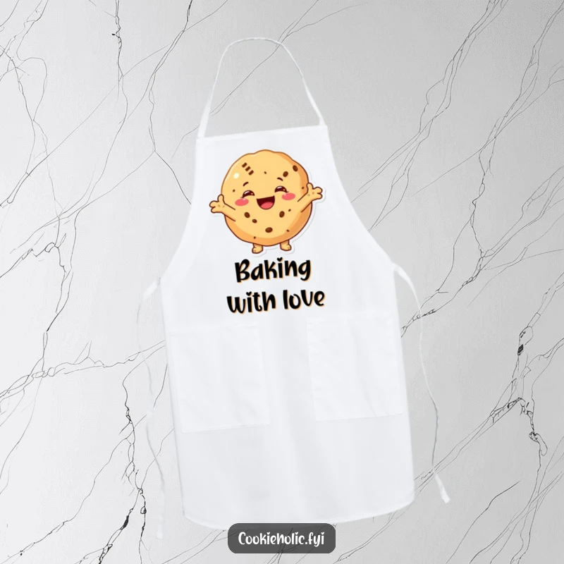 Funny apron with a cookie character smiling widely and with arms outstretched, ready to give a hug while you cook.