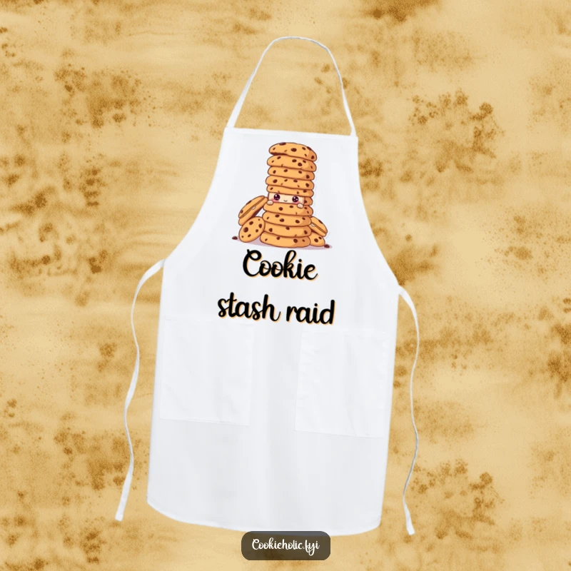 Funny cookie character peeking from behind a towering stack of cookies on a practical baking apron.