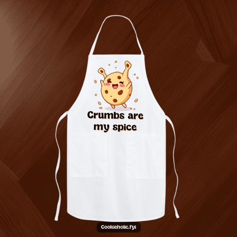 Funny apron: A round cookie character happily does a somersault, with crumbs flying, symbolizing playful baking.
