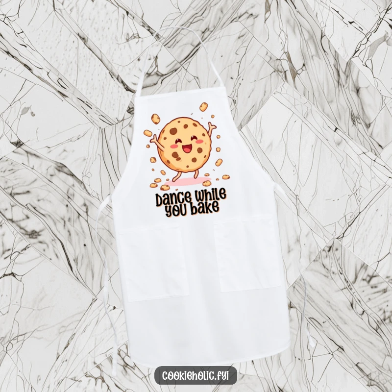 Funny cookie dance apron depicting a joyful cookie dancing while cooking and scattering crumbs, adding humor to the kitchen.