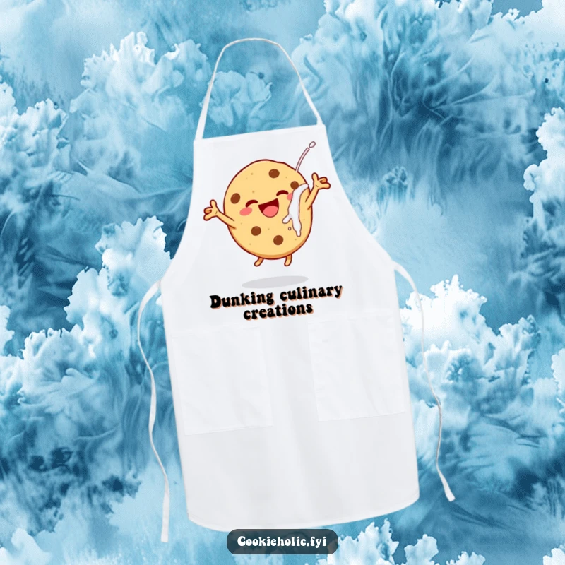 Funny cheerful cookie apron, showing a cookie leaping with delight after dunking in milk, perfect for humorous and cute kitchen wear.