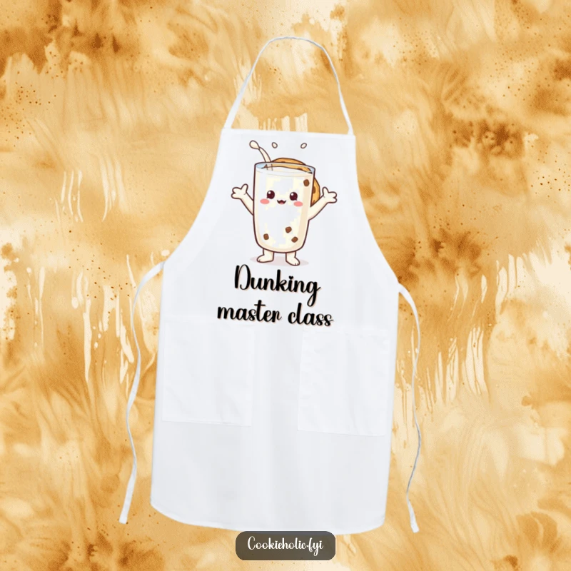 Funny apron showing a cookie character embracing a giant glass of milk, perfect for kitchen duties.