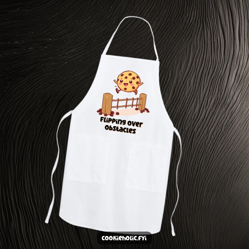 Funny Apron: A cookie jumps over a fence made of chocolate chips, adding humor and action to the kitchen.