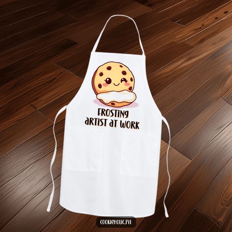 Funny cookie frosting apron showing a cookie grinning as it dunks into a pool of frosting while cooking.