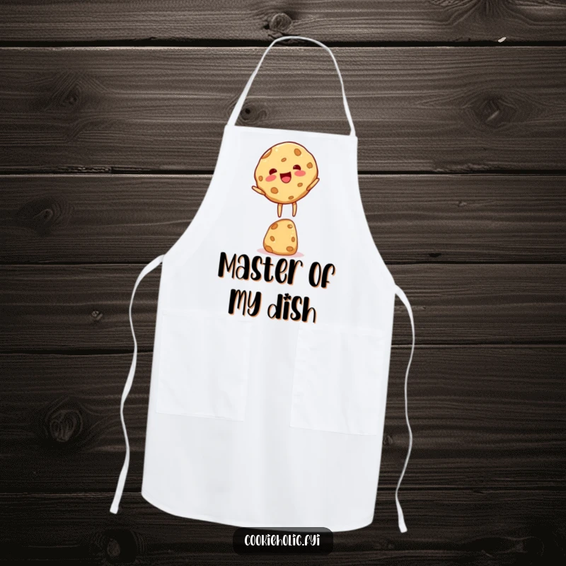 Funny cookie character apron, depicting a cookie in a state of delighted, precarious balance, ready for kitchen duty.
