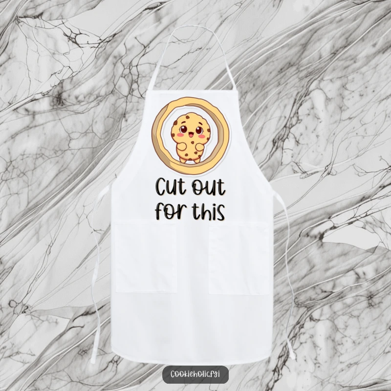 Funny apron depicting a cookie character comically stuck in a giant cookie cutter, for humorous kitchen protection.