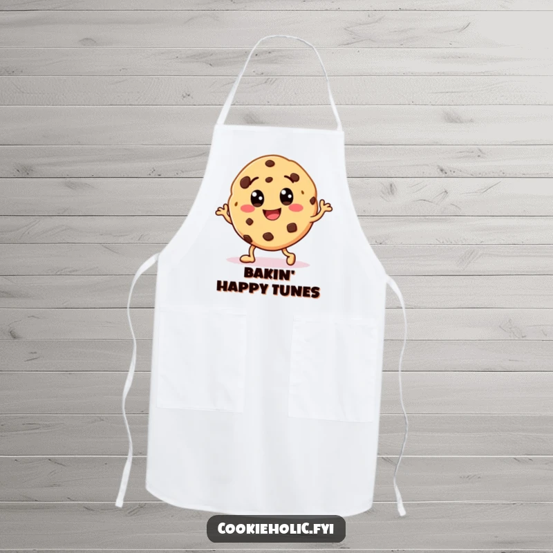 Funny apron showcasing a smiling cookie character with chocolate chip eyes, energetically doing a happy dance while cooking.