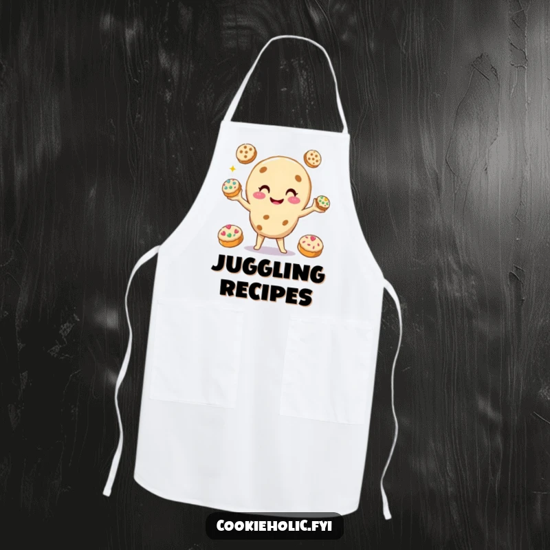 Funny Apron depicting a smiling cookie character juggling three smaller, decorated cookies, ideal for kitchen multitasking and humor.