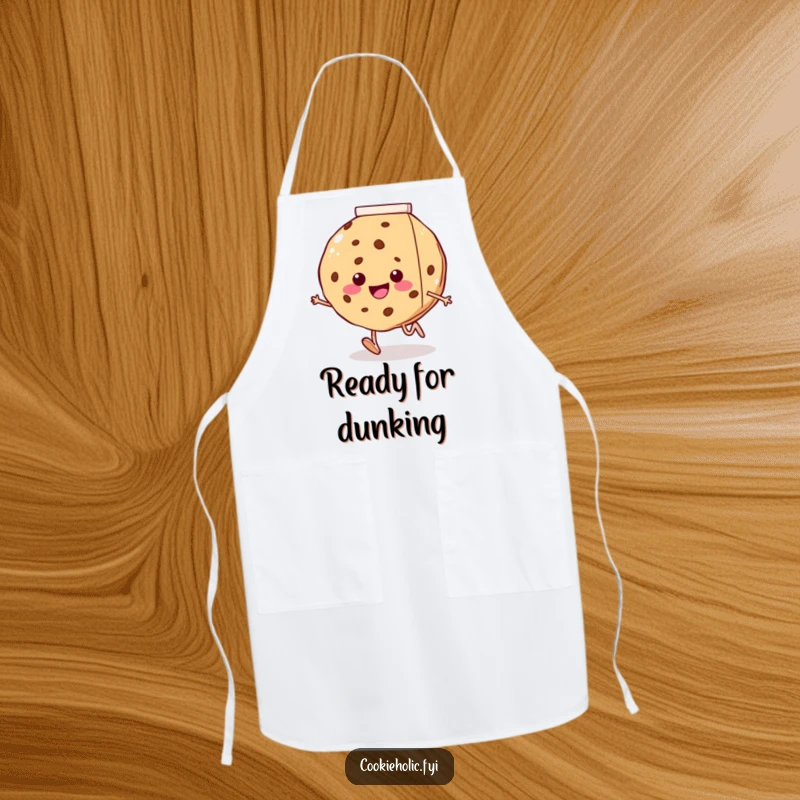 Funny apron featuring a happy cookie with tiny legs running towards a giant milk carton, ideal for baking and kitchen activities.