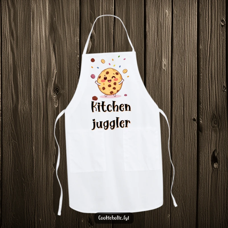 Funny apron featuring a giggling chocolate chip cookie juggling miniature candy sprinkles, ideal for baking and kitchen fun.