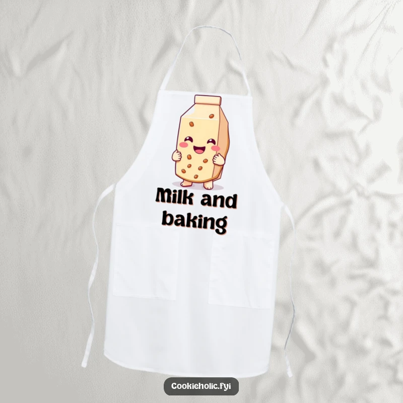 Funny apron featuring a cookie with a big smile hugging a milk carton, perfect for kitchen bonding.