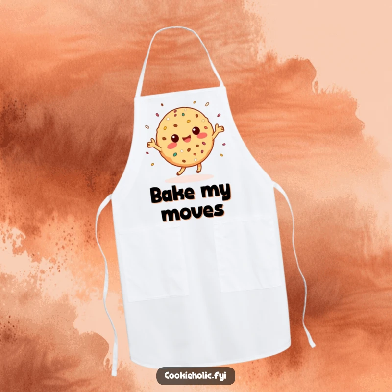 Funny Apron: A joyful Kawaii cookie character dances with sprinkles, perfect for a cheerful baker.