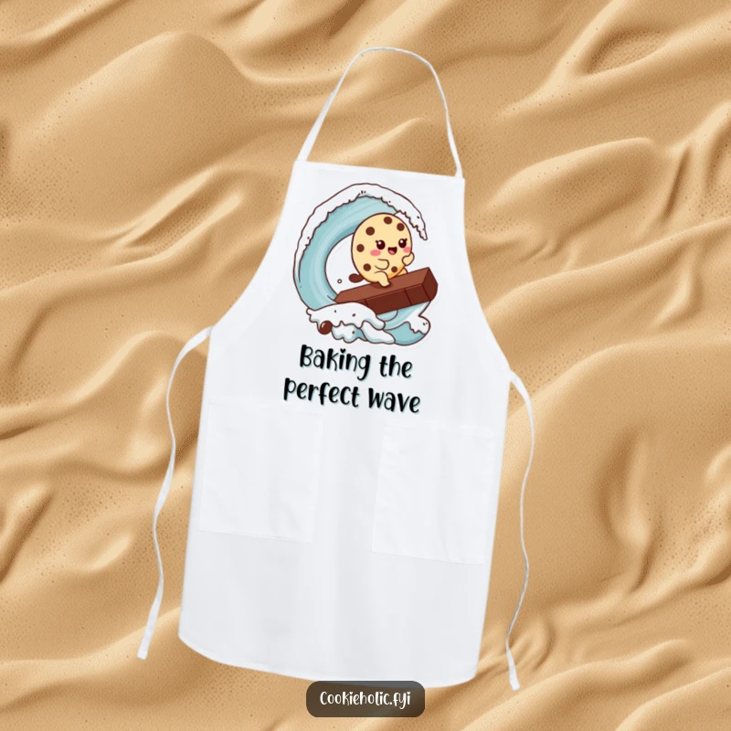Funny Kawaii cookie character surfing a giant chocolate chip wave, ready to cook, on a practical and funny apron.