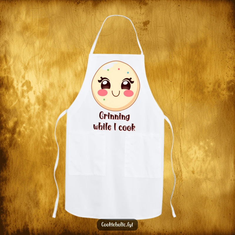 Funny kawaii apron with a sugar cookie character wearing a wide, delighted grin, perfect for a baker who brings sweetness and joy.