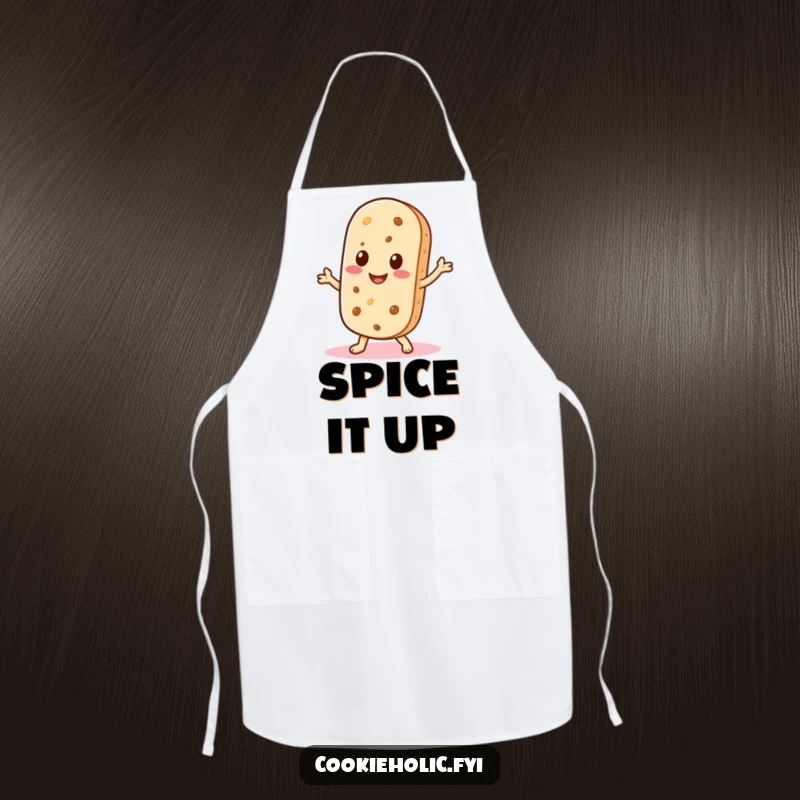 Funny apron featuring a Kawaii wafer cookie character smiling and doing a little shimmy, ideal for fun and humorous baking.