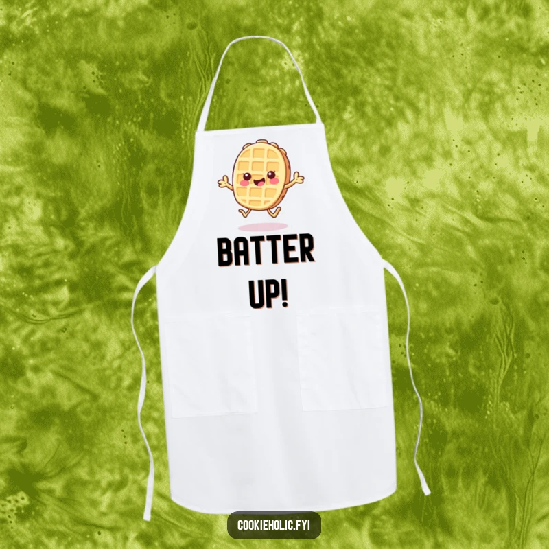Funny apron featuring a Kawaii waffle cookie character doing a cheerful hop, ideal for cheerful and humorous baking.