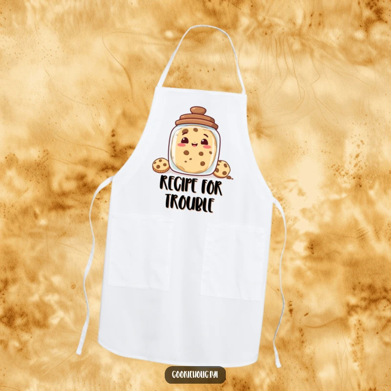 Funny apron featuring a cookie with a mischievous grin peeking from behind a cookie jar, ideal for kitchen fun and protecting clothes.