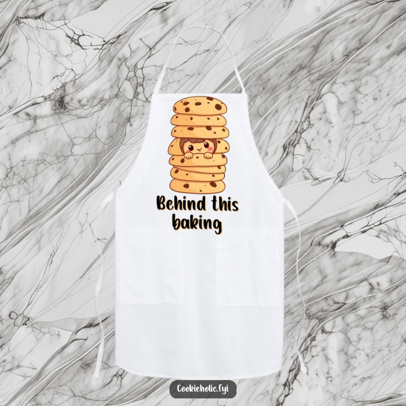 Funny cookie character peeking from behind a towering stack of cookies on a kitchen apron.