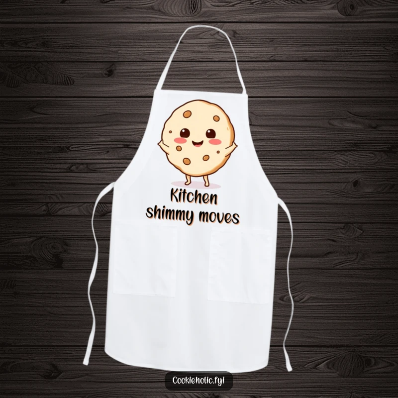 Funny cookie with a happy expression doing a little shimmy, wearing a chef's hat on a humorous kitchen apron.