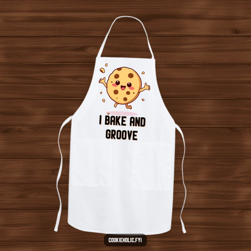 Funny apron with a cookie character dancing joyfully, crumbs flying, a cheerful addition to any kitchen.