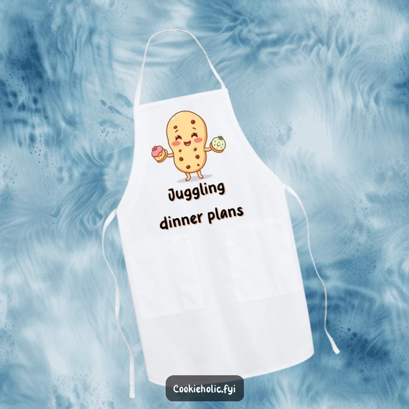 Funny apron: A smiling cookie character juggles three smaller, decorated cookies, symbolizing kitchen multitasking skills.