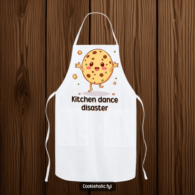 Funny apron showcasing a cookie character doing a silly jig with crumbs flying around, perfect for the kitchen.
