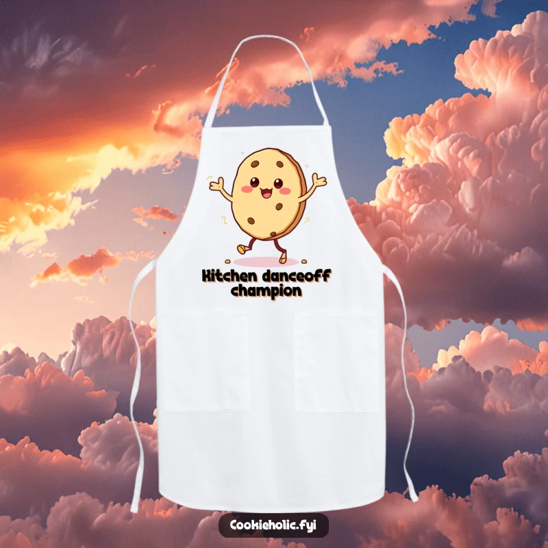 Funny apron showcasing a kawaii cookie character doing a silly jig, with crumbs scattering from its feet, ready for fun.