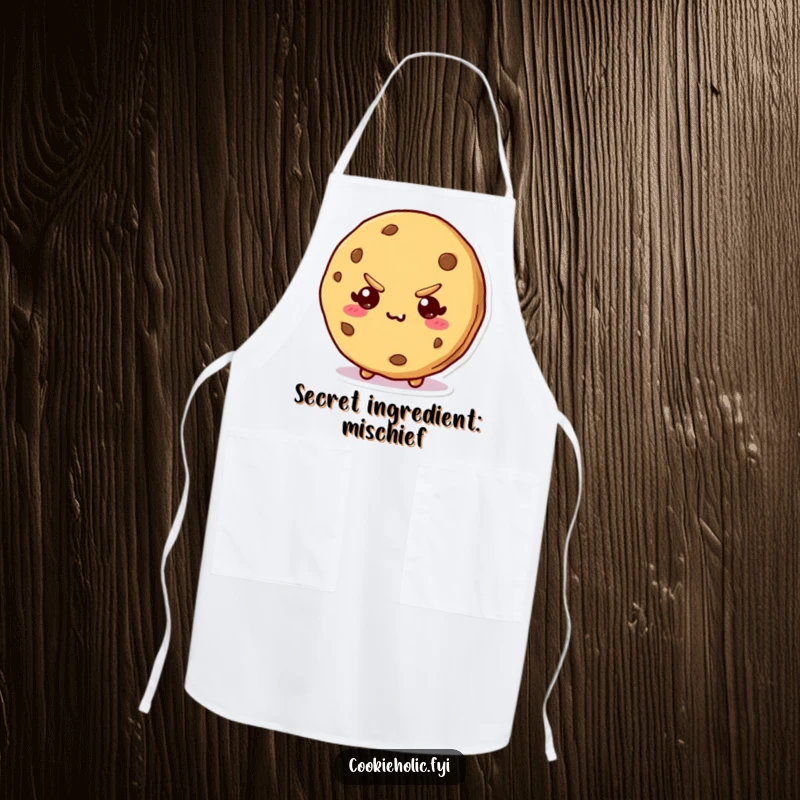 Funny apron showcasing a kawaii cookie character with a bite mark and a mischievous expression, ready for kitchen fun.