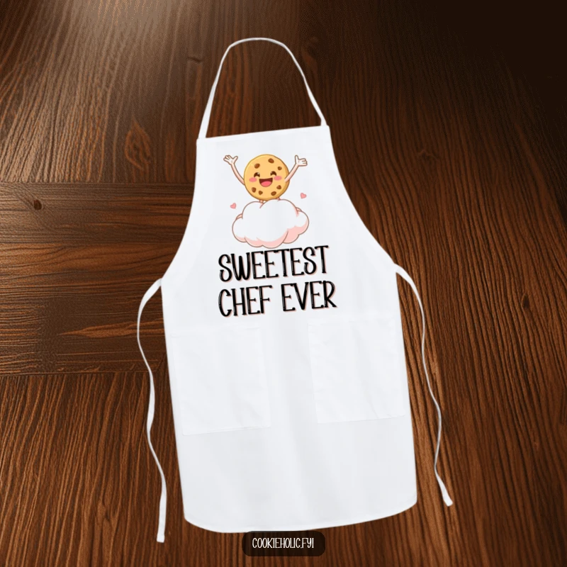 Funny apron showing a cookie character bouncing on a marshmallow cloud, for joyful kitchen protection.