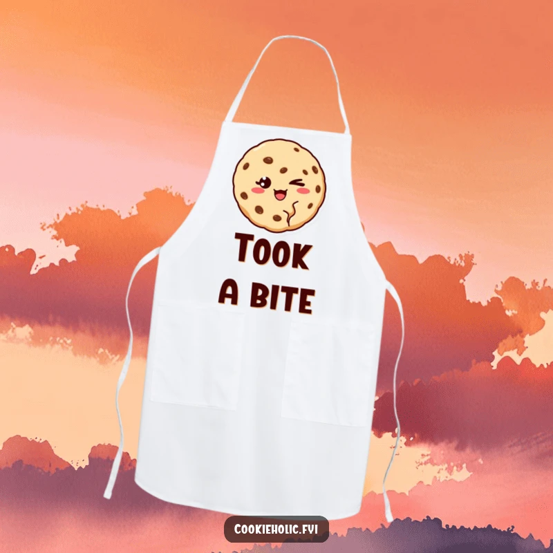 Funny apron featuring a cookie with a bite missing, winking cheekily, adding charm to kitchen duties.