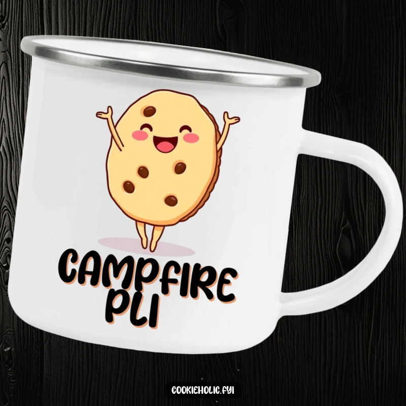 Funny cookie camping mug of a smiling cookie in a ballet pose, perfect for outdoor dance lovers.