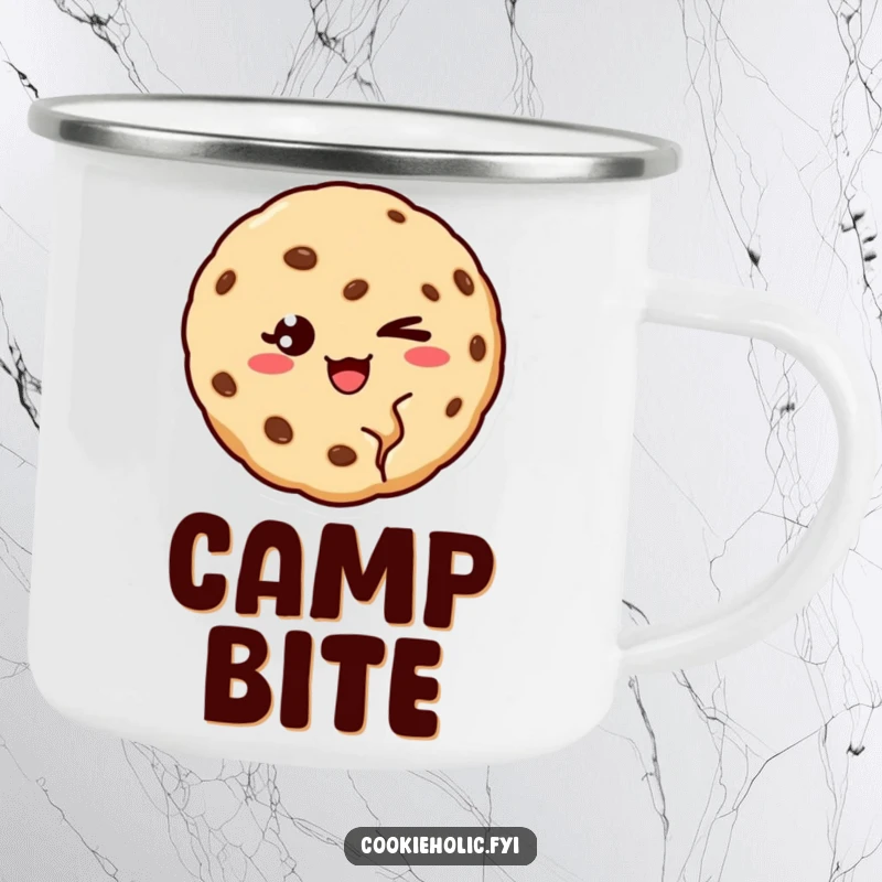 Funny camping mug featuring a cookie with a bite out, winking charmingly, ideal for outdoor enjoyment.