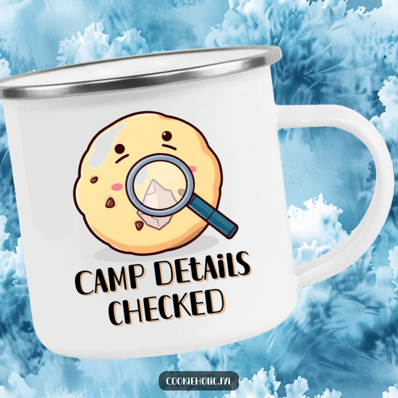 Funny Camping Mug showing a cookie with a magnifying glass, examining a sugar crystal, perfect for appreciating details outdoors.