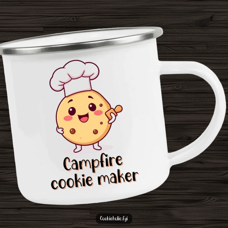 Funny camping mug featuring a happy cookie chef, perfect for enjoying sweet thoughts during outdoor adventures.