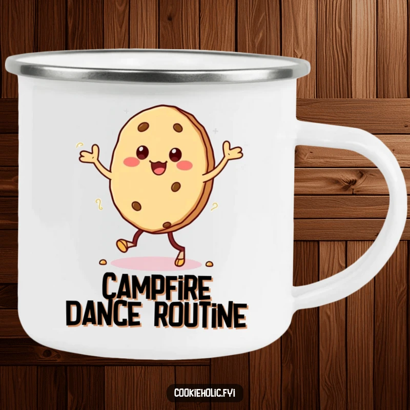 Funny camping mug featuring a kawaii cookie character doing a silly jig, with crumbs scattering from its feet, perfect for adventurers.