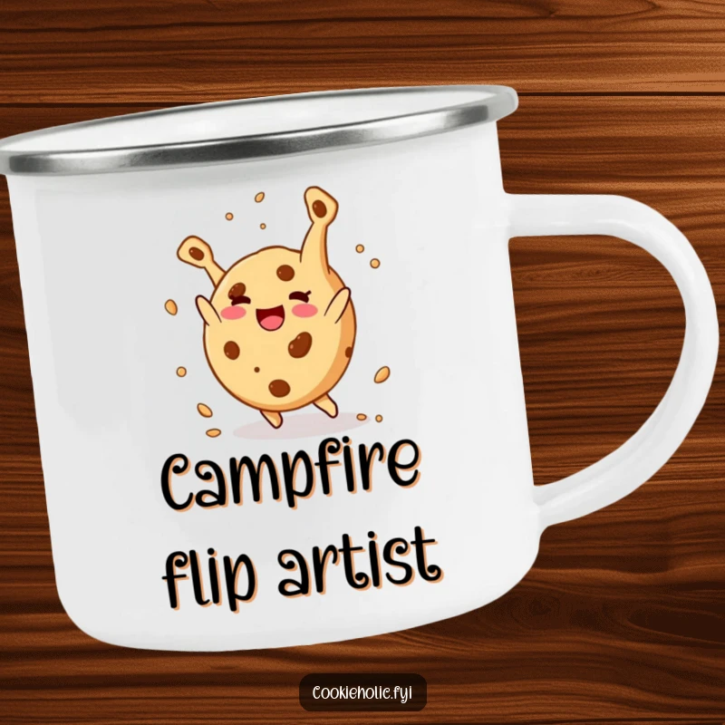 Funny camping mug: A round cookie character happily does a somersault with crumbs flying, symbolizing joy in nature.