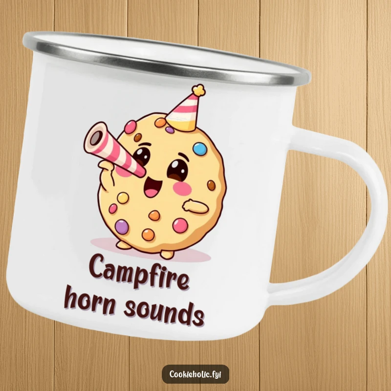 Funny cookie with candy decorations blowing a party horn, depicted on a rugged camping mug for outdoor enthusiasts.