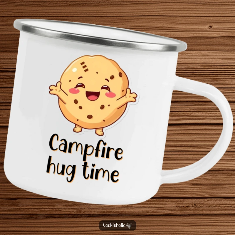 Funny camping mug featuring a cookie with arms outstretched, smiling and inviting a hug, perfect for sharing warmth outdoors.