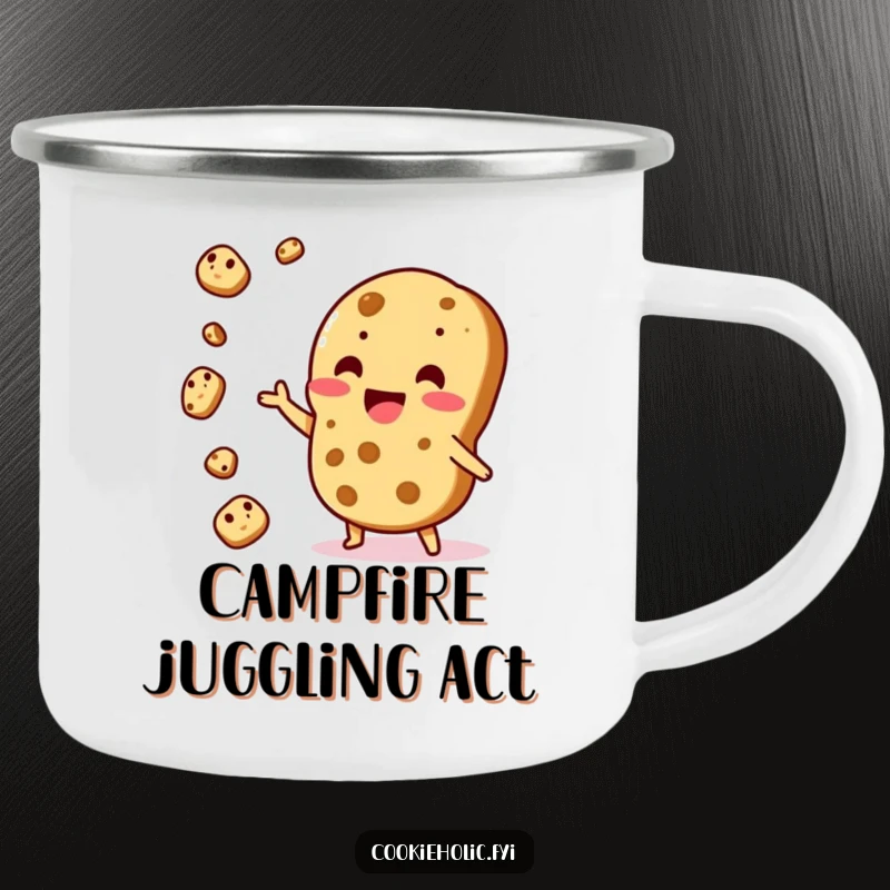Funny Camping Mug: A Kawaii cookie character juggles cookie pieces, bringing excitement to the outdoors.