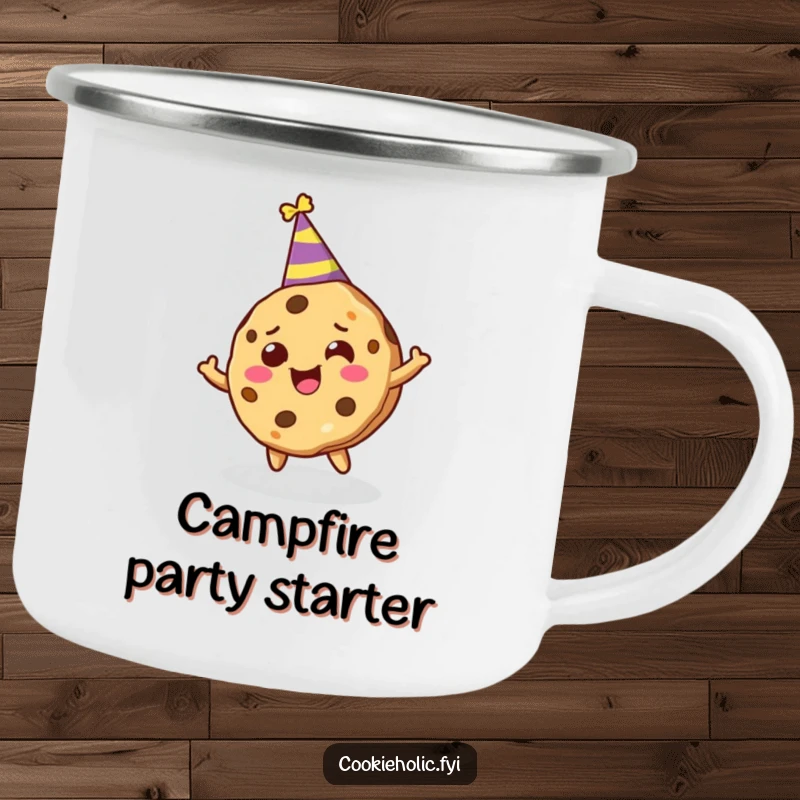 Funny camping mug showcasing a cookie character in a party hat, joyfully spinning with festive energy.