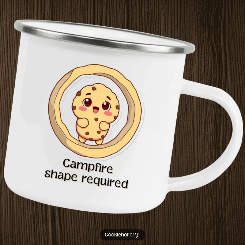 Funny camping mug showing a cookie character comically stuck in a large cookie cutter, for outdoor enjoyment.
