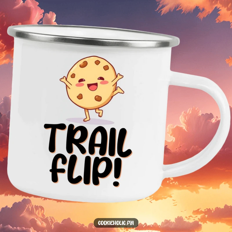 Funny camping mug featuring a cookie character doing a cartwheel, ready for outdoor fun.