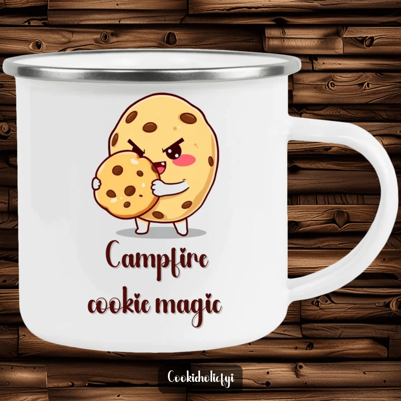Funny Camping Mug: A mischievous cookie character winks while offering a baked cookie by the campfire. A rustic funny gift.