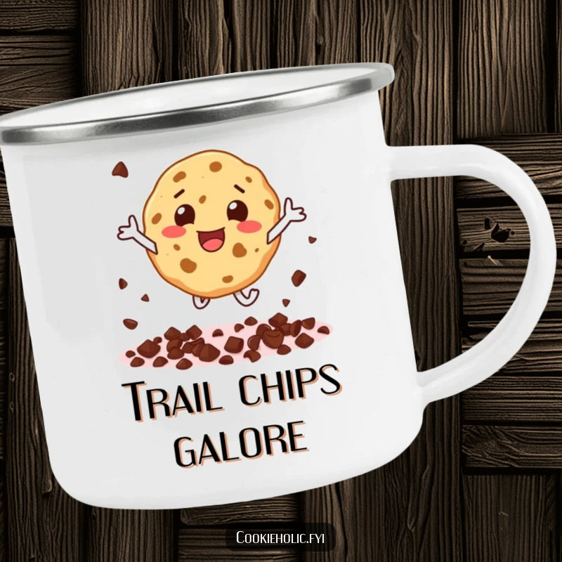 Funny camping mug showing a cookie character scattering chocolate chips during an ecstatic leap, ready for adventure.