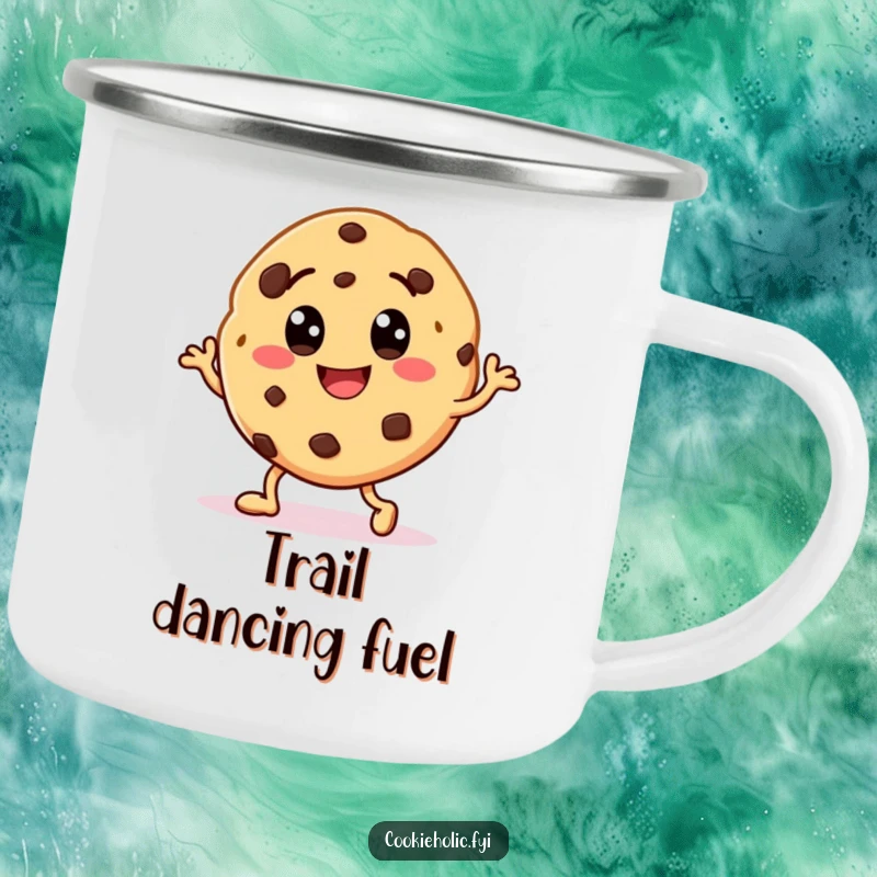 Funny camping mug featuring a smiling cookie character with chocolate chip eyes, enjoying a happy dance outdoors.