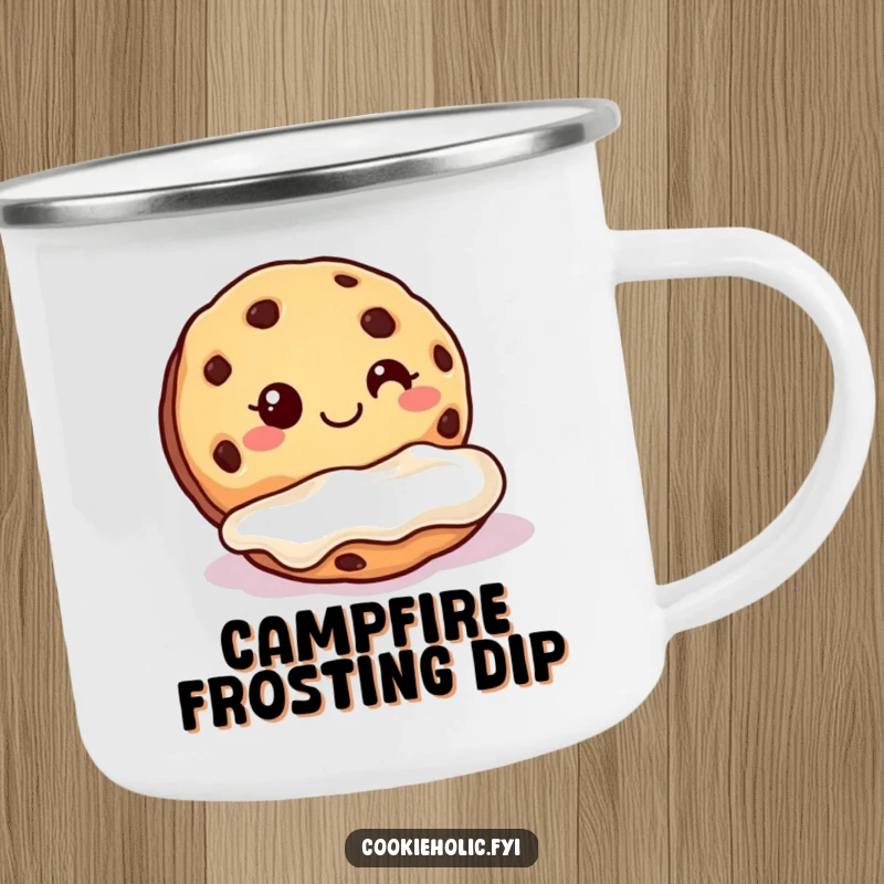 Funny cookie frosting camping mug showing a cookie grinning as it dunks into a pool of frosting outdoors.
