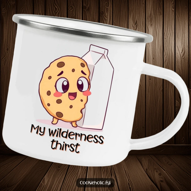 Funny Camping Mug: A cookie with excited eyes spots a giant milk carton, ready for outdoor enjoyment.