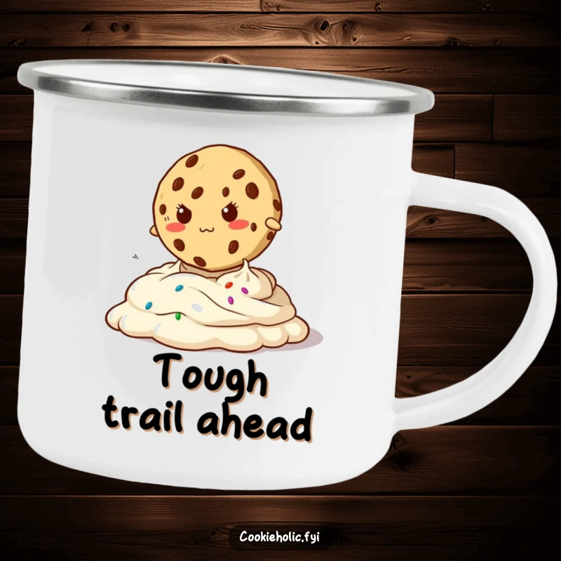 Funny camping mug featuring a determined cookie character jumping over oozy frosting, built for adventures and motivational laughs.